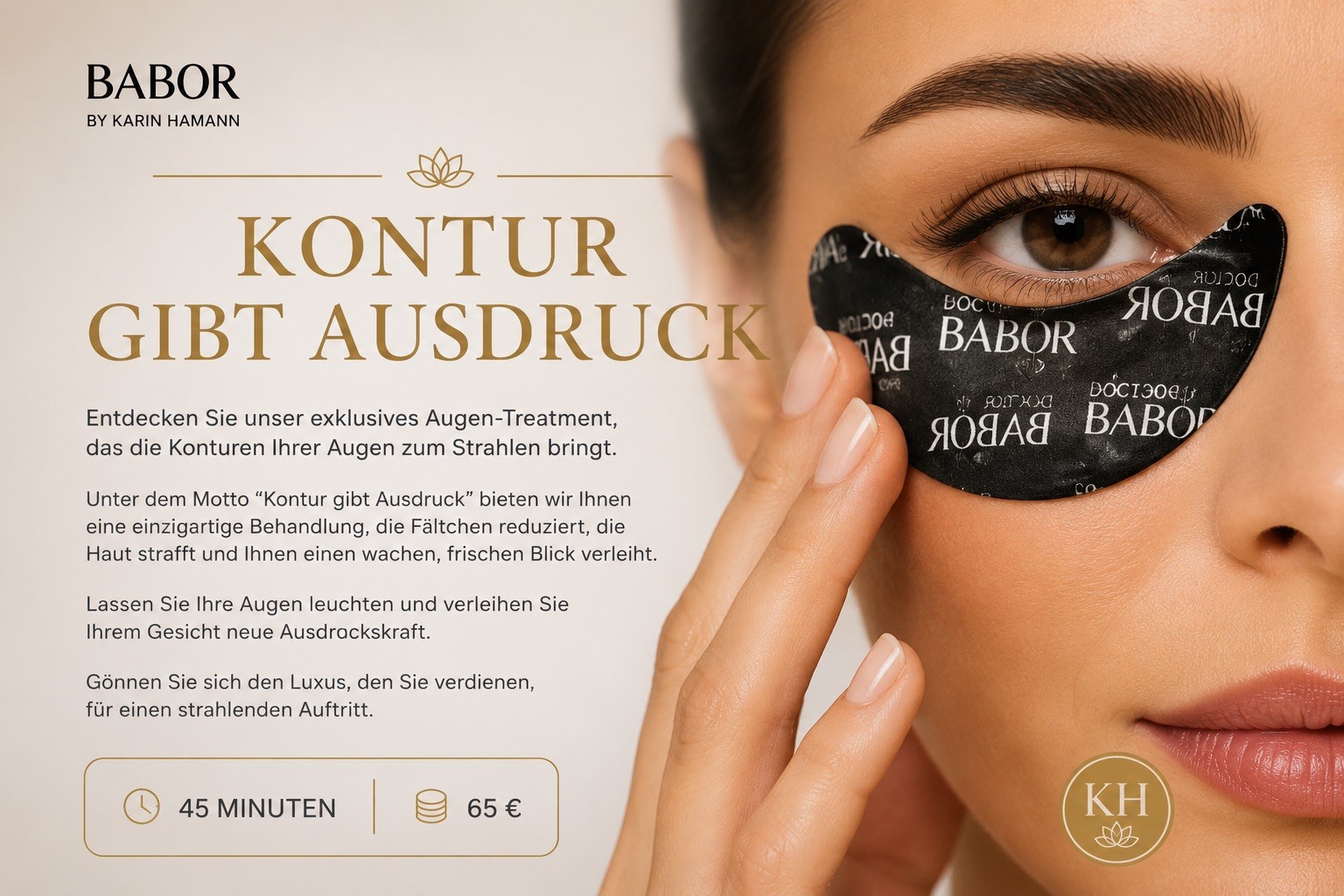 Frau mit Babor-Augenpad während eines exklusiven Augen-Treatments – Kontur gibt Ausdruck, 45 Minuten für 65 € bei Babor by Karin Hamann.