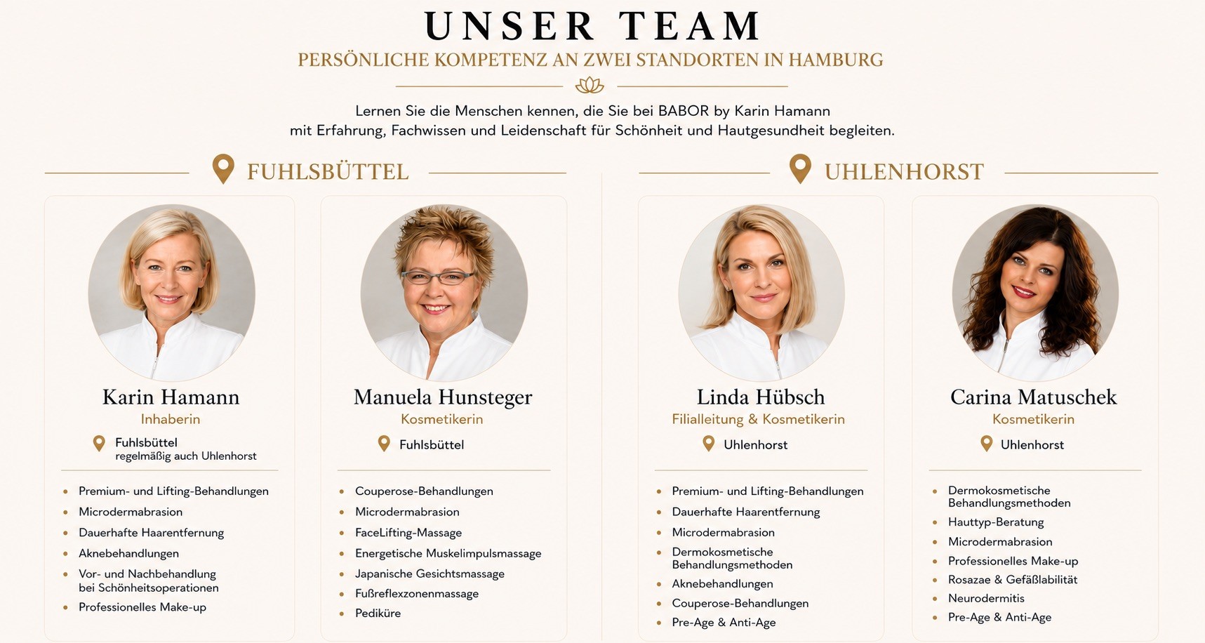 Unser Team von BABOR by Karin Hamann mit den Kosmetikerinnen Karin Hamann, Manuela Hunsteger, Linda Hübsch und Carina Mattuscheck an den Standorten Hamburg-Fuhlsbüttel und Hamburg- Uhlenhorst