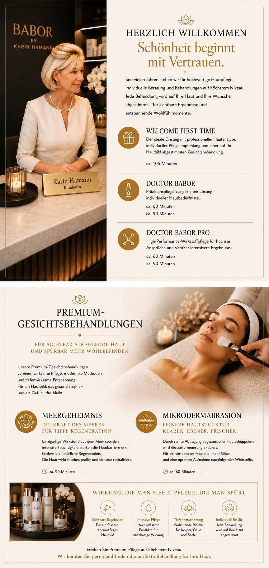 Empfang bei BABOR by Karin Hamann mit Informationen zu individuellen Gesichtsbehandlungen, Hautanalyse und professioneller Hautpflege.Übersicht der Premium-Gesichtsbehandlungen bei BABOR by Karin Hamann mit Meergeheimnis, Mikrodermabrasion und hochwertiger Hautpflege.