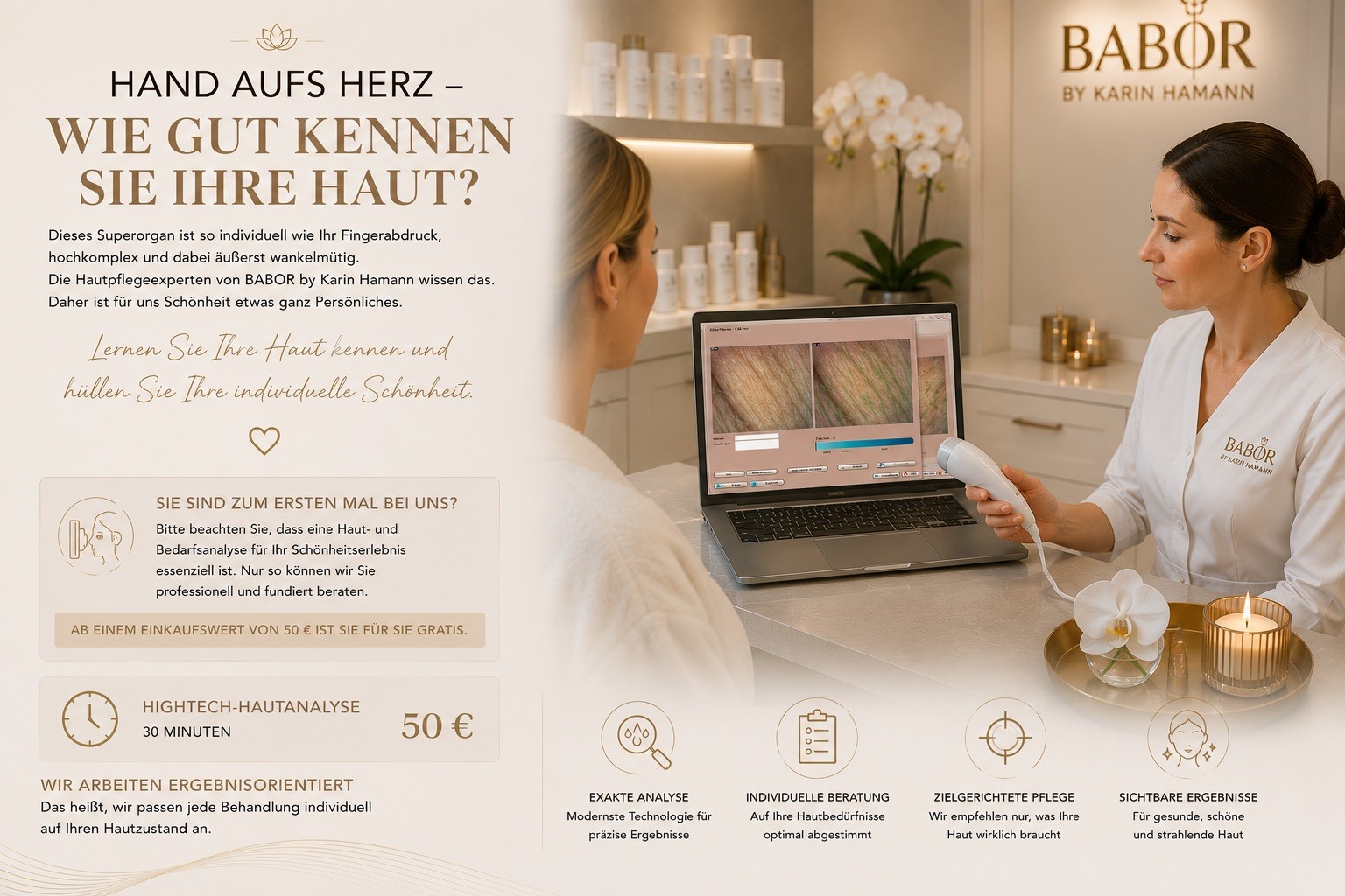 Kosmetikerin von BABOR by Karin Hamann führt mit einer modernen kameragestützten Hightech-Hautanalyse eine professionelle Hautanalyse an einer Kundin durch.