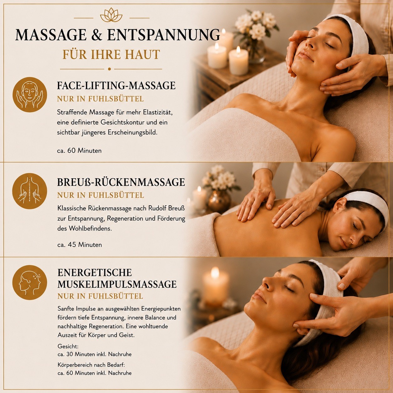 Exklusive Wellnessmassagen bei BABOR by Karin Hamann in Hamburg-Fuhlsbüttel – Face-Lifting-Massage, Breuß-Rückenmassage und energetische Muskelimpulsmassage für Entspannung und Regeneration.