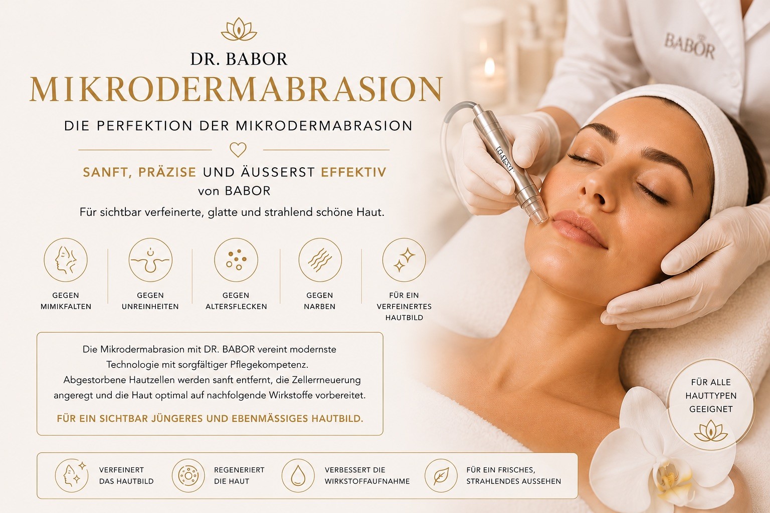Frau während einer DR. BABOR Mikrodermabrasionsbehandlung zur Hautverfeinerung und Hauterneuerung für ein glattes, strahlendes und ebenmäßiges Hautbild.
