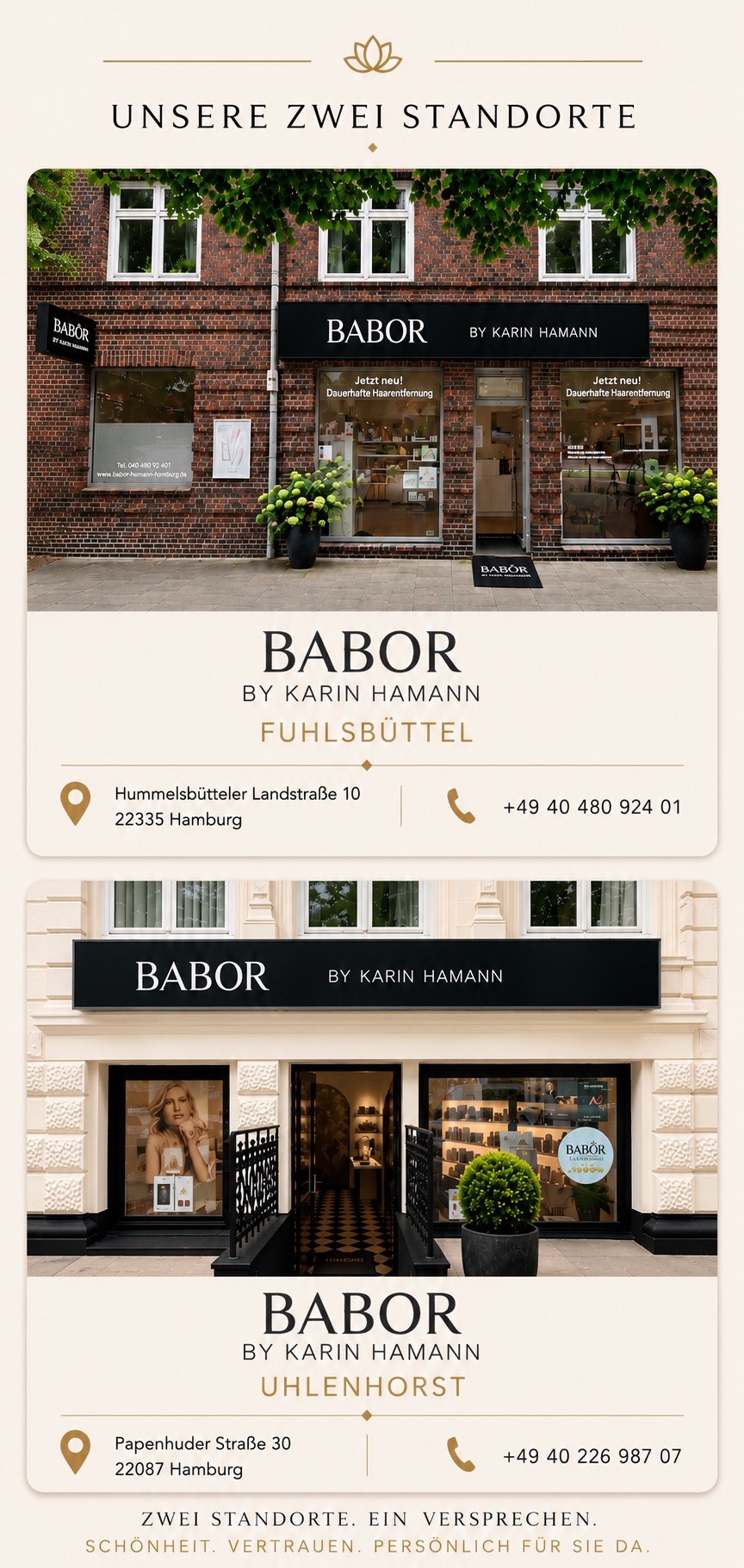 Mobile Darstellung der beiden BABOR by Karin Hamann Kosmetikinstitute in Hamburg-Fuhlsbüttel und Hamburg-Uhlenhorst mit Adressen und Telefonnummern.