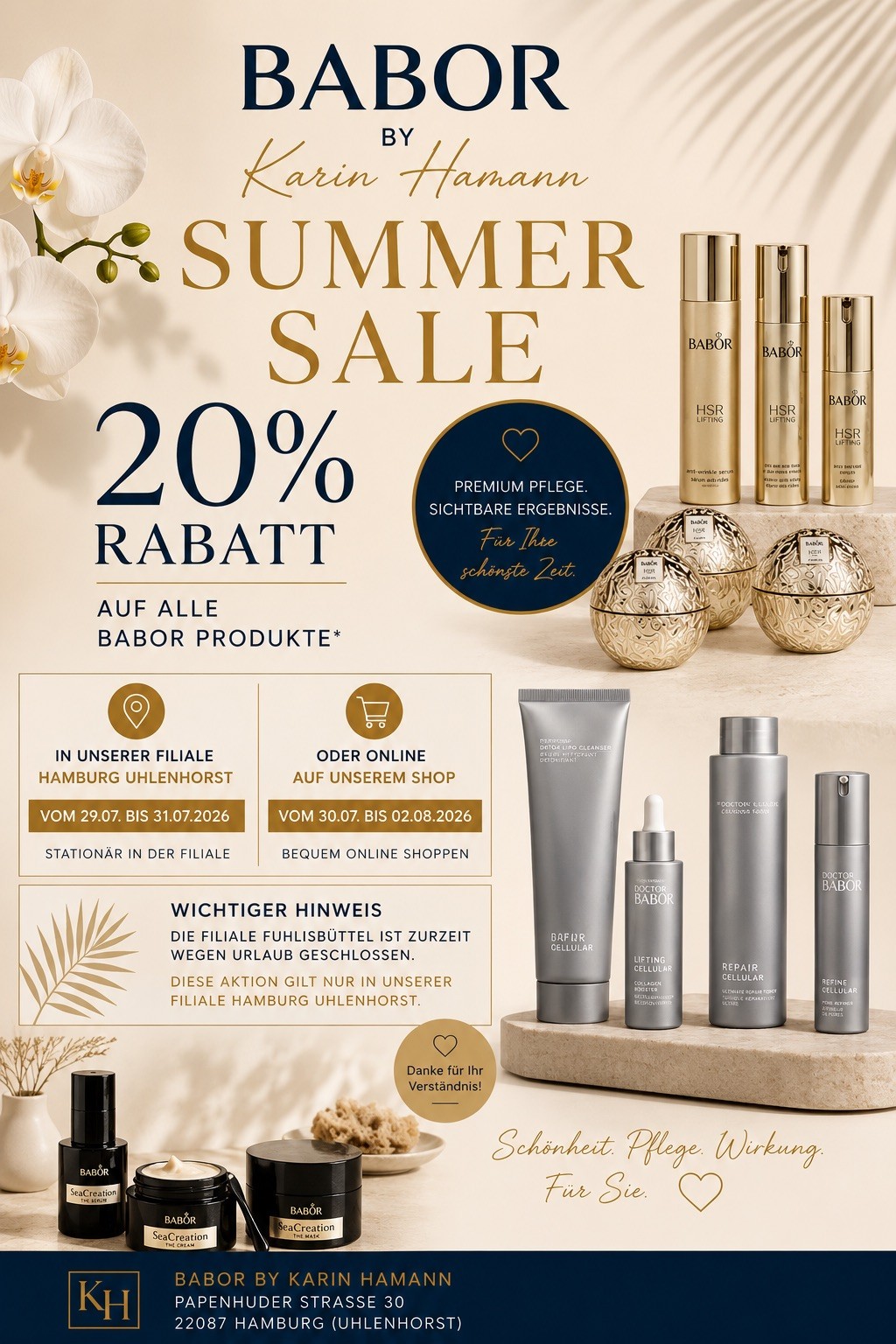 BABOR by Karin Hamann Summer Sale mit 20 % Rabatt auf BABOR Produkte. Aktion in der Filiale Hamburg-Uhlenhorst vom 29.07. bis 31.07.2026 sowie online vom 30.07. bis 02.08.2026. Elegantes Werbemotiv mit BABOR Hautpflegeprodukten in Gold- und Silbertönen.