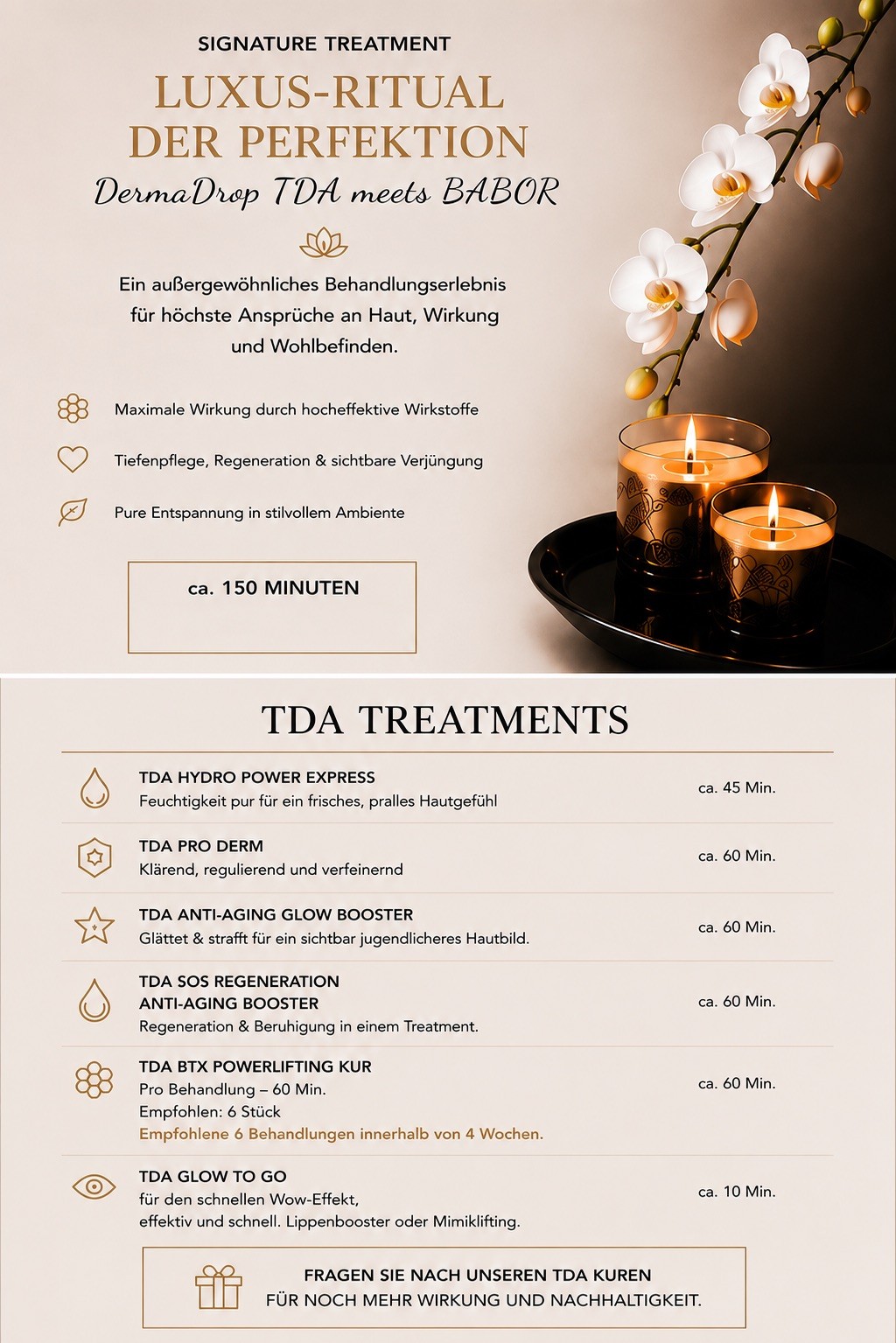 Dermadrop TDA Luxus-Ritual und TDA Treatments bei BABOR by Karin Hamann mit Übersicht der Behandlungen, Wirkungen und Behandlungsdauer.