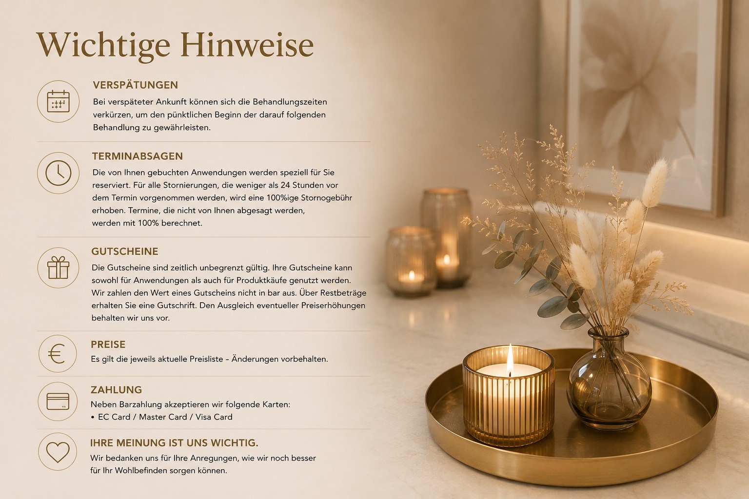 Wichtige Hinweise zu Terminen, Gutscheinen, Preisen und Zahlungsmöglichkeiten bei BABOR by Karin Hamann in Hamburg Fuhlsbüttel und Uhlenhorst.